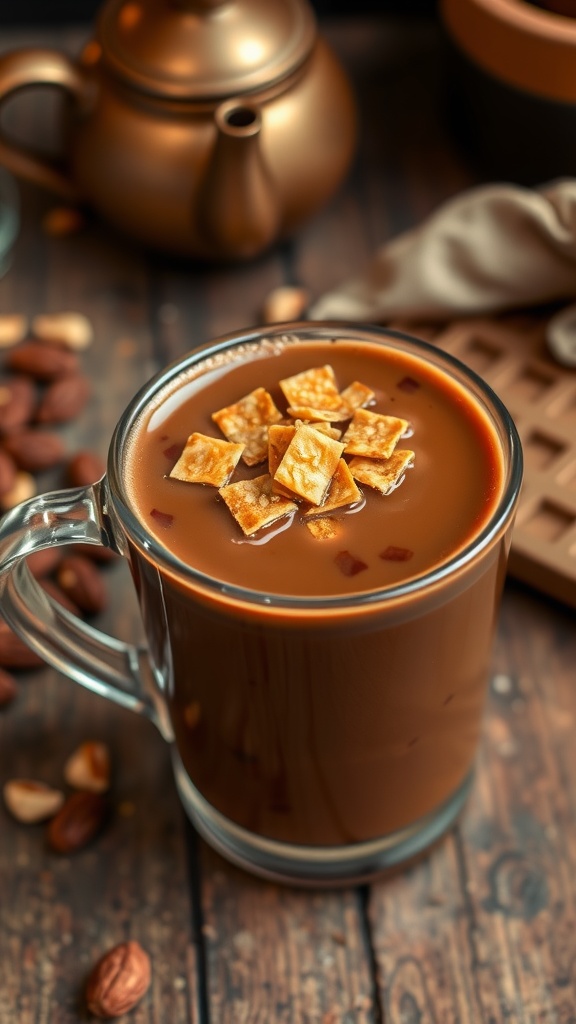 A warm cup of chocolate chai with crispy kataifi topping, served on a rustic table with nuts.